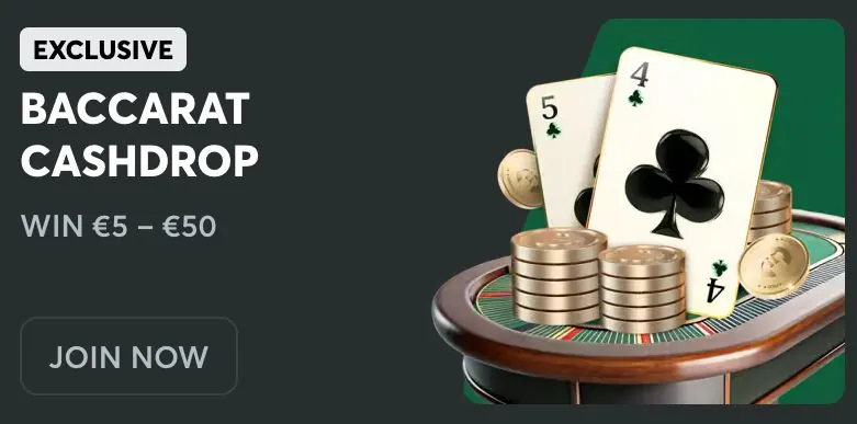 Exclusive Baccarat Cashdrop promotion with gold coins and playing cards on the casino table
