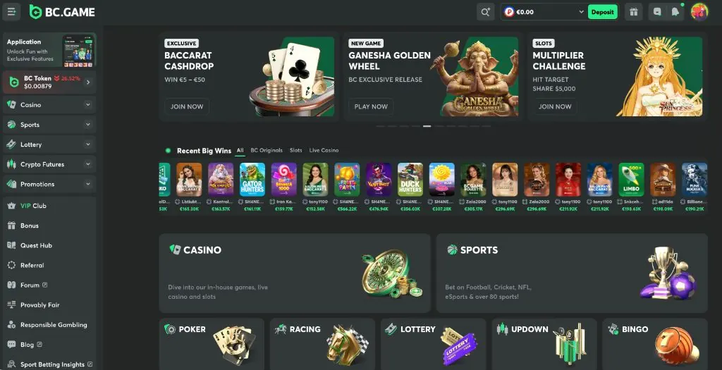 Desktop platform overview showing casino lobby, sports betting sections, poker, racing, lottery, and recent big wins