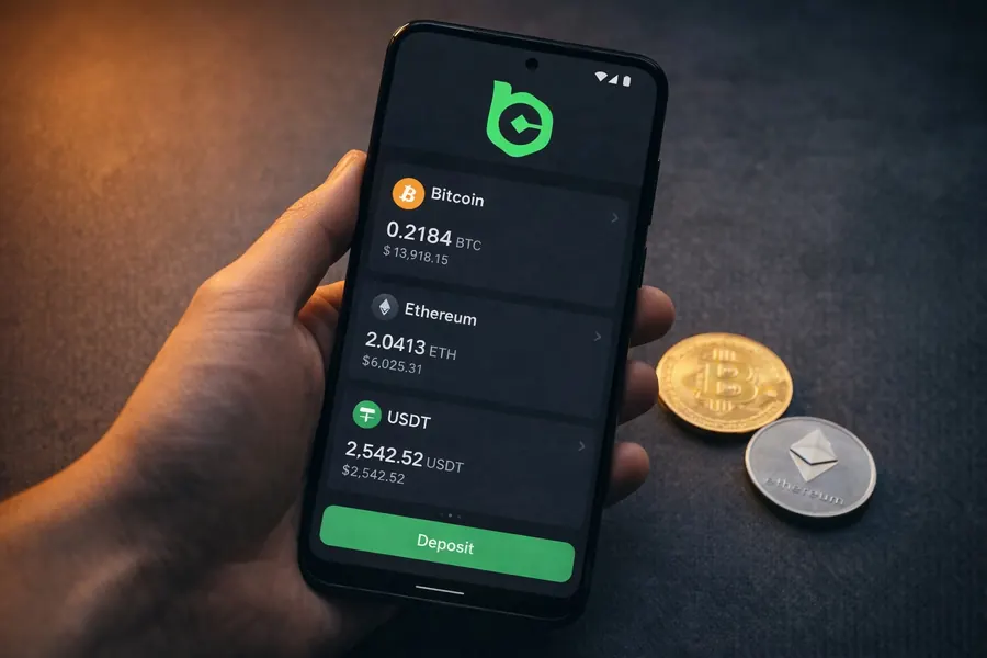 Bitcoin, Ethereum and USDT cryptocurrency coins next to a green digital wallet for crypto deposits and withdrawals